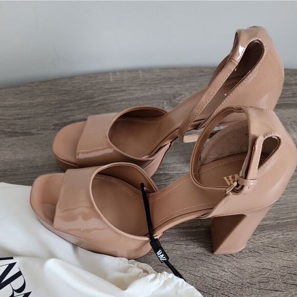 ZARA NEW WOMEN'S  CHUNKY HIGH HEELED FAUX PATENT LEATHER EFFECT PLATFORM  US 10 - Picture 1 of 5